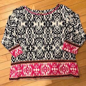 Ruby Rd. Petite Pink and Black Ikat Embellished Neckline 3/4 Sleeve Tunic Top